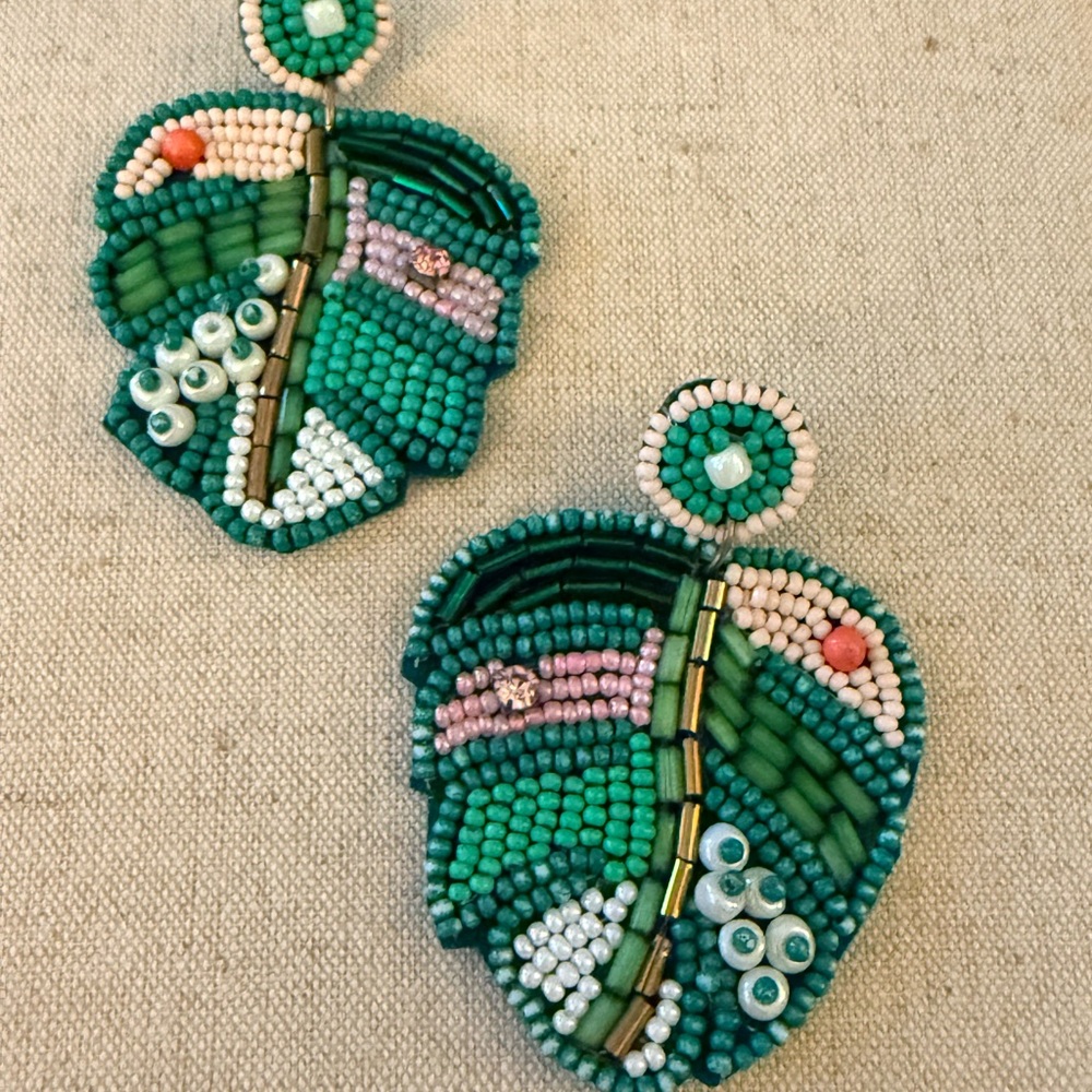 Stanley Green and White Beaded Leaf Brooch